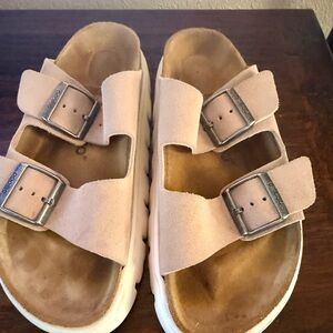 Birkenstock Papillio Tan Suede Double Buckle Platform Sandals